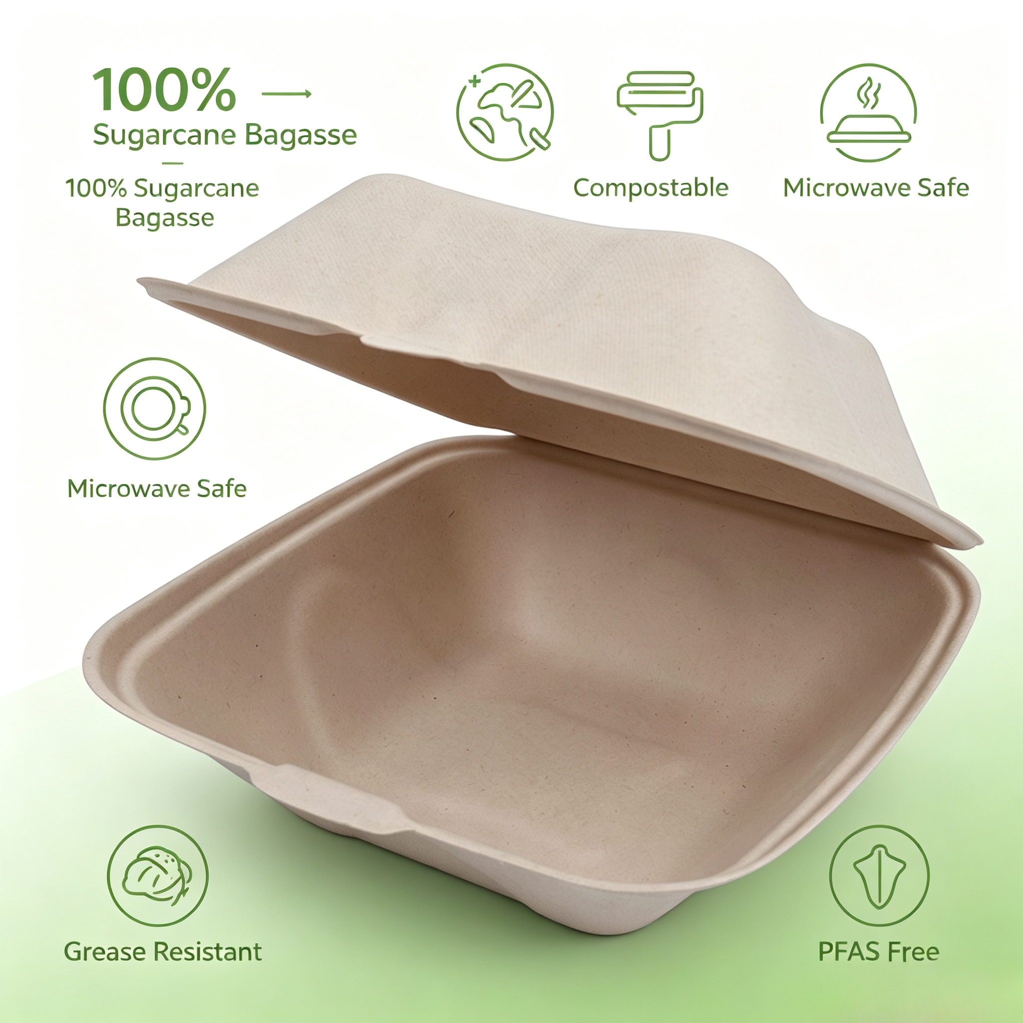 Biodegradable 6 Inch Bagasse Burger Clamshell Box